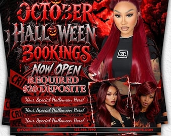 May include: A digital flyer template for October Halloween bookings featuring red text, a large red moon, spiderwebs, and three images of a person with long red hair. The text includes October Halloween Bookings, Now Open, and Required $20 Deposite.