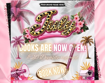 July Booking Flyer Template, Hair Lash Wig Braid Salon Flyer, Editable July Beauty Booking, Small Business Flyer, leopard booking flyer