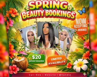 Folleto de reservas de primavera, maquillaje, peluquería, pestañas, uñas, folleto de reservas de Pascua, folleto de abril, folleto de reservas de salón, plantilla editable de Canva de abril