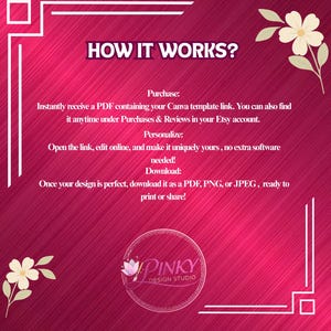 May include: A magenta background with white floral accents and text that reads "HOW IT WORKS?". The text explains the process: purchase, personalize, and download. The Pinky Design Studio logo is at the bottom.
