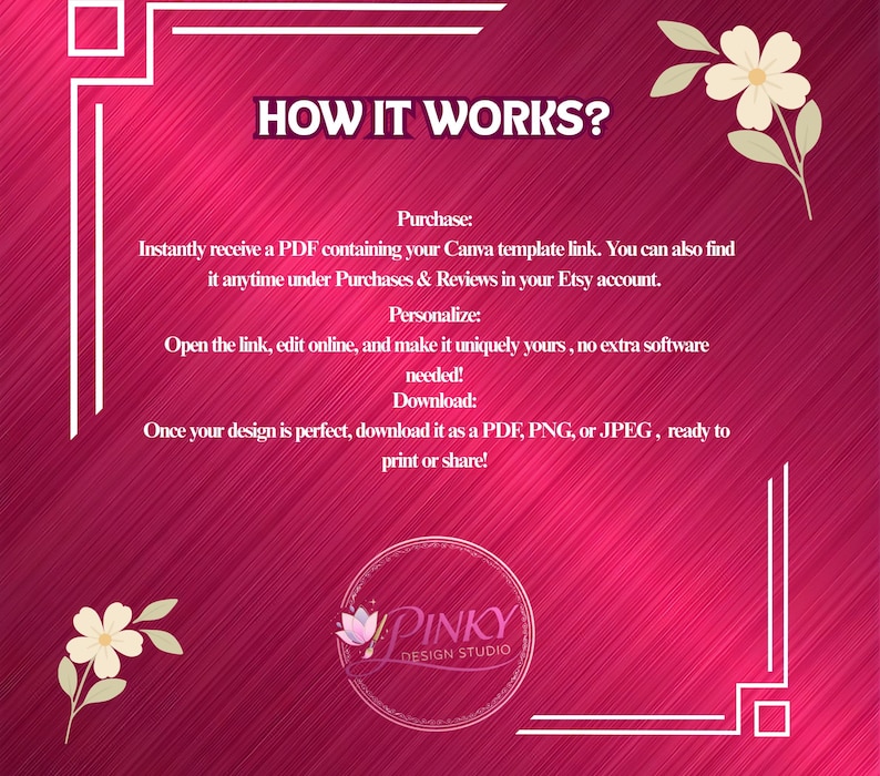 May include: A magenta background with white floral accents and text that reads "HOW IT WORKS?". The text explains the process: purchase, personalize, and download. The Pinky Design Studio logo is at the bottom.