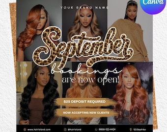 May include: A promotional flyer featuring six portraits of individuals with various hairstyles. The text reads: YOUR BRAND NAME, September bookings are now open!, $25 DEPOSIT REQUIRED, NOW ACCEPTING NEW CLIENTS, www.hairisland.com, @hairisland, 0000-123-4424, 123 Beach Ave.