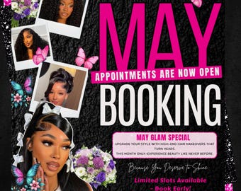 May Booking Flyer, Mothers Day Appointment Flyer, Hair, Nails, Lashes, Braid, Wig, May Book Now, Spring Booking Promotion, Canva Template