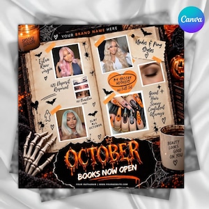 May include: A promotional flyer for hair and nail services featuring an open book layout with photos of hair styles, nail art, and text including "October Books Now Open," "My Spooky Wishlist," and "Good Hair Scary Confident Always" with skeleton hand graphics.