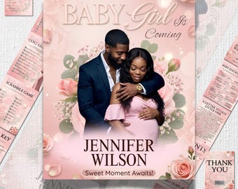 May include: A digital baby shower invitation template set featuring a pink floral background with a couple embracing. The text reads A PRECIOUS LITTLE ARRIVAL IS ON THE WAY, BABY GIRL IS COMING, JENNIFER WILSON, and Sweet Moment Awaits. Includes 14 pages.