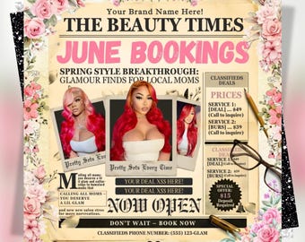 Folleto de reservas de junio, folleto de reservas de verano, apertura de libros de junio, folleto de peluquería de verano de junio, folleto de uñas de junio, folleto de pestañas de junio, folleto de maquillaje de junio