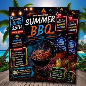 May include: A vibrant invitation for a Summer BBQ, featuring a grill with food, neon signs, and the text "Summer BBQ." The event is on Saturday, June 25th, from 4:00 PM to 8:00 PM at Riverdale Community Park. Includes details for RSVP.