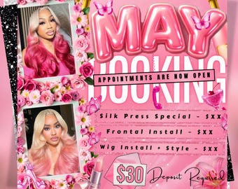Folleto de reservas para el Día de la Madre, Folleto de mayo: Reserve ahora, Reservas especiales para el Día de la Madre, Pestañas para el Día de la Madre, Pelucas de mayo, Uñas de mayo, Folleto de reservas de mayo