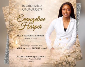 Folleto de anuncio de funeral de Rosas Blancas, Celebración de la Vida, Folleto de anuncio conmemorativo, Invitación a funeral, Plantilla de Canva, Descarga digital