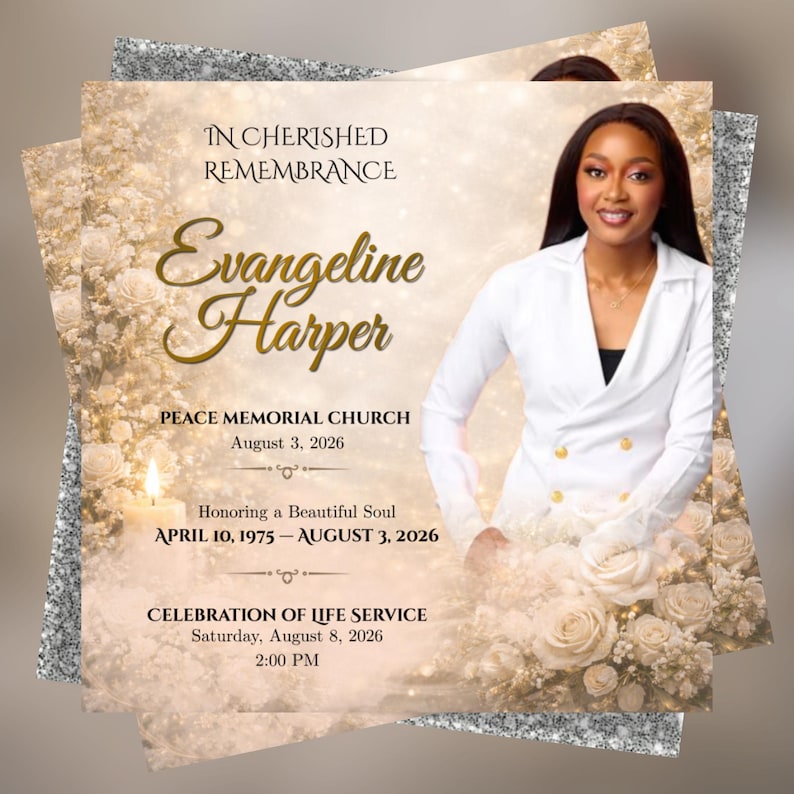 White Roses Funeral Announcement Flyer, Celebration of Life, Memorial Announcement Flyer, Funeral Invite, Canva Template, Digital Download, Blue Rose Funeral Announcement Flyer, Rest In Peace Flyer, Canva Editable, La Rosa- Blue Rose Funeral Invitation Template, Red Roses Funeral Announcement Flyer, Purple Rose Funeral Announcement Flyer, White Roses Only, 8-Page Memorial, PDF Download, In Loving Memory funeral announcement