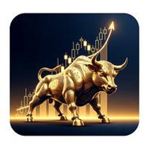 Peut inclure: Une statue de taureau doré avec une flèche ascendante, symbolisant la croissance financière. Le taureau est placé devant un graphique boursier, sur fond bleu foncé avec des reflets dorés. L'image évoque l'investissement et la réussite boursière.