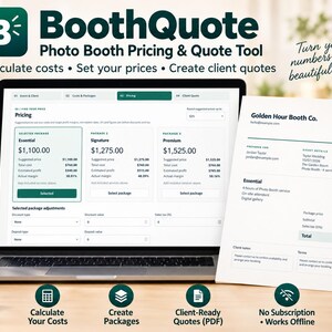 Puede incluir: Una pantalla de portátil que muestra la interfaz del software BoothQuote para precios y presupuestos de fotomatón, junto a un documento de presupuesto impreso de Golden Hour Booth Co. El software muestra opciones de paquetes.