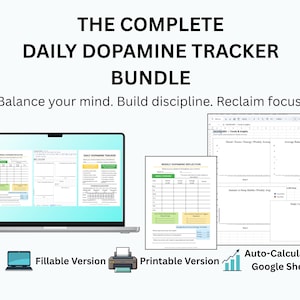 Könnte beinhalten: Werbebild für "The Complete Daily Dopamine Tracker Bundle". Es zeigt einen Laptop mit einer ausfüllbaren Version, einer druckbaren Version und automatisch berechnenden Google Sheets. Der Text lautet: "Bringen Sie Ihren Geist ins Gleichgewicht. Bauen Sie Disziplin auf. Gewinnen Sie den Fokus zurück."