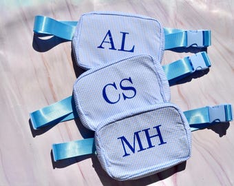 Preppy Blue Monogram Seersucker Fanny Pack, Last Toast on the Coast Party Favors, Charleston Bachelorette Gift, Coastal Hamptons girls trip