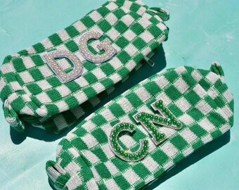 Custom Green Checkered Makeup Bag,Camp Bachelorette Party Favors, Margs and Matrimony Bach, Final Fiesta, Green Pencil Case,Cabo Bach Favors