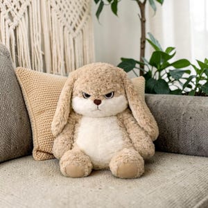 Può includere: Un peluche a forma di coniglio marrone chiaro con un'espressione seria, orecchie lunghe e pancia bianca. Il giocattolo è seduto su un divano grigio, con un cuscino beige dietro. Gli occhi del coniglio sono scuri e angolati.