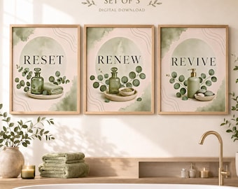 Set met badkamerwanddecoratie in saliegroen, botanische spa-prints met eucalyptusmotief (digitale download)