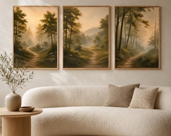 Set van 3 muurdecoraties met mistig bospad: vintage, neutrale landschapsafbeeldingen om direct te downloaden.