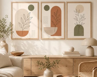 Japandi Botanische Muurdecoratie Set van 3, Terracotta Olijfgroene Printbare Muurdecoratie