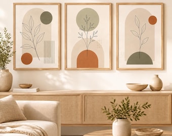 Set van 3 Japanse botanische wanddecoraties, minimalistische printbare prints in terracotta olijfkleur.