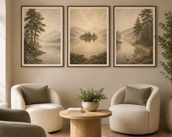 Misty Morning Pines Triptych Kunst, Neutrale Vintage Landschapsset (Digitale Download)