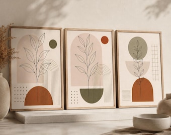 Japandi Botanische Muurdecoratie Set, Neutrale Terracotta Olijfgroene Prints (Digitale Download)