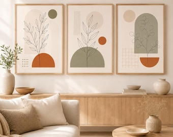Set van 3 Japanse botanische wanddecoraties, terracotta olijfgroene printbare afbeeldingen