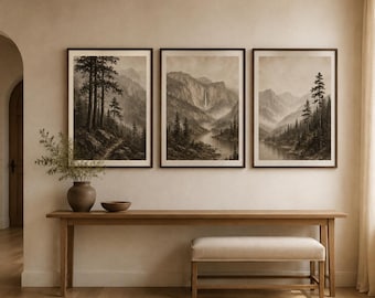 Drieluik met verre waterval als wanddecoratie, vintage landschapsprints, sfeervolle berghutdecoratie (digitale download)