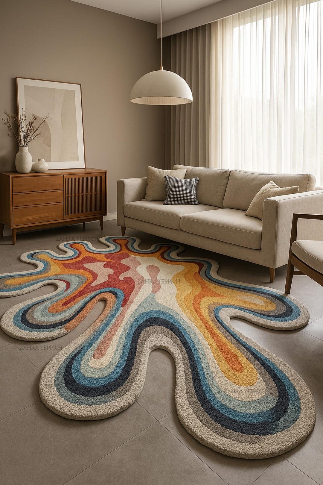 Abstract Wavy Wool Rug | Colorful Irregular Hand-tufted Carpet - Etsy