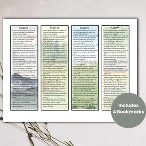 May include: Four rectangular bookmarks with the text "Psalm 91" and scripture verses, each with a different pastel color scheme. The bookmarks are displayed on a white background, with a sprig of lavender in the upper left corner. A gray circle with the text "Includes 4 Bookmarks" is in the lower right.