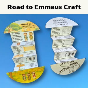 May include: Two paper crafts, each depicting a scene from the Bible story of the Road to Emmaus. The crafts are accordion-style, with illustrations and text. The text includes "Road to Emmaus" and "Luke 24:13-35". The background is a solid blue.