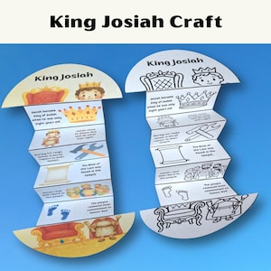 May include: Two accordion-folded paper crafts about King Josiah. One version is in full colour, and the other is a black-and-white outline version for colouring. Both feature illustrations of a crown, a throne, tools, a scroll, and footprints.