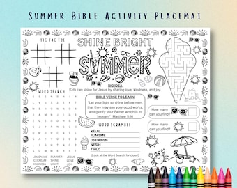 Summer Bible Activity Placemat, Shine Bright Summer Christian Coloring Sheet (Digital Download)