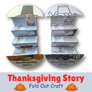 以下が含まれることがあります： 「Thanksgiving Story」と題されたアコーディオン式のペーパークラフトが2つあり、一方はフルカラー、もう一方は白黒です。それぞれに巡礼者の帽子、収穫のイメージが描かれた台座、歴史的な物語が記された5つの折り畳みパネルが付いています。