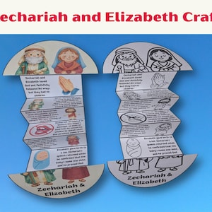 May include: Two accordion-folded paper crafts depicting the story of Zechariah and Elizabeth. One version is in full color, and the other is in black and white for coloring. Both feature illustrations and text detailing the biblical narrative.