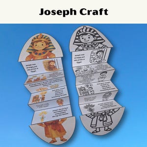 May include: Two paper crafts with the text "Joseph Craft" at the top. One is colored with an Egyptian theme, and the other is black and white. Each craft is folded in an accordion style, with illustrations and text describing the story of Joseph.