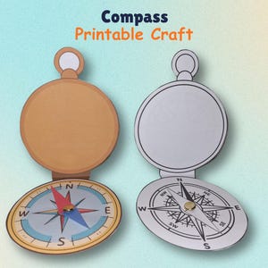 Puede incluir: Dos brújulas de papel con el texto Compass Printable Craft en la parte superior. Una brújula está coloreada con una aguja azul y roja, mientras que la otra es una versión en blanco y negro. Ambas tienen una base circular y una tapa abatible.