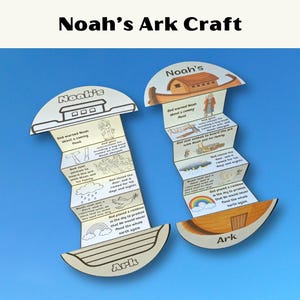 May include: Two paper crafts of Noah's Ark, each with a boat-shaped base and a semi-circular top. The crafts are white with black outlines and feature illustrations and text about the biblical story. The background is a solid blue.
