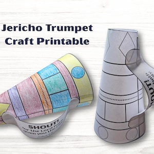 May include: Two paper Jericho trumpet crafts, one colored with blue, yellow, and red geometric shapes and one uncolored outline. Both feature a handle with the text SHOUT! for the Lord hath given you the city Joshua 6:16 printed on the side.