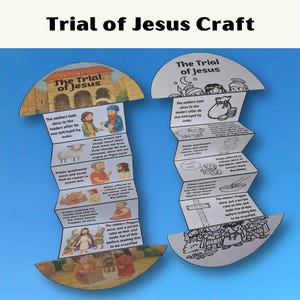 Może przedstawiać: Dwa papierowe rękodzieła zatytułowane "Trial of Jesus Craft" na niebieskim tle. Każde rękodzieło to złożony papier z ilustracjami i tekstem. Jedno rękodzieło ma kolorowe ilustracje, drugie jest czarno-białe.