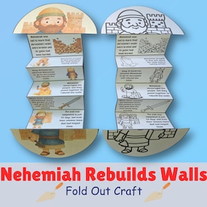 May include: Two accordion-style paper fold-out crafts depicting the story of Nehemiah rebuilding the walls of Jerusalem. One version is in full colour, and the other is a black-and-white outline version for colouring, both featuring illustrations and text.