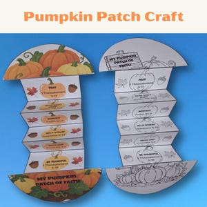 Könnte beinhalten: Zwei ziehharmonikaartig gefaltete Papierbastelarbeiten mit dem Titel Pumpkin Patch of Faith. Eines ist mit orangen Kürbissen und Herbstblättern koloriert, das andere ist eine schwarz-weiße Kontur. Beide enthalten Text wie Pray 1 Thessalonians 5:17.