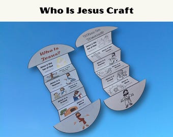 May include: Two paper crafts with the text "Who Is Jesus Craft" on a blue background. Each craft is a folded strip with illustrations and text, including "Jesus is the Son of God" and "Jesus is a Teacher."