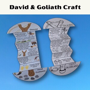 Puede incluir: Un proyecto de manualidades titulado "David & Goliath Craft" sobre un fondo azul. El proyecto presenta dos recortes de papel plegados con ilustraciones y texto sobre David y Goliat. El texto incluye "David" y "Goliat".