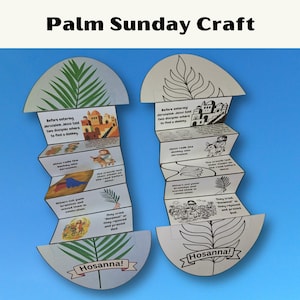 May include: Two Palm Sunday Craft projects are displayed against a blue background. Each craft is a white paper accordion with illustrations and text. The top of each craft has a half-circle with a palm frond design. The bottom has a banner that says "Hosanna!"