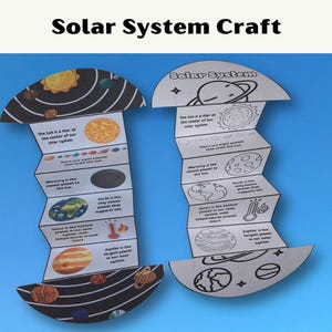 May include: Two accordion-folded paper crafts titled Solar System. One features colorful illustrations of planets and the sun with descriptive text. The other is a black and white outline version for coloring, showing planets, the sun, and text.