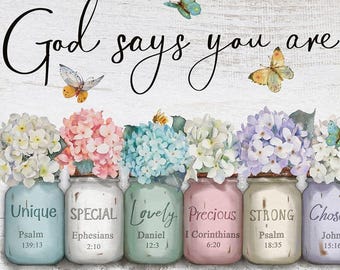 Floral Bible Verse Wall Art, Christian  Print, Religious Gift for Women, God Says You Are Enough Scripture Print (Digital Download)