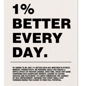 May include: A rectangular print with the text "1% BETTER EVERY DAY." in bold black letters. Below the main text is a smaller paragraph explaining the concept of incremental improvement and personal growth. The background is a light beige color.