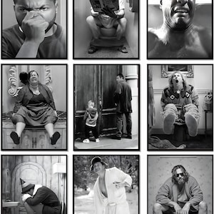May include: A black and white collage of nine distinct panels featuring various individuals in different settings, including bathroom scenes, a person reading, a person standing by a door, and a person in a bathrobe, all captured in monochrome.