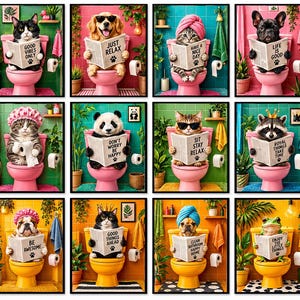 Pode incluir: Uma coleção de doze impressões emolduradas apresentando vários animais sentados em vasos sanitários, cada um lendo um jornal com textos únicos como Good Vibes Only, Just Relax, Have a Nice Day, Life is Good, Don't Worry Be Happy e Enjoy the Little Things.